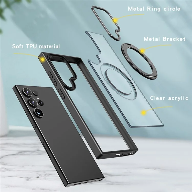 Pour Samsung Galaxy S25 Ultra Case Rotation Magnetic Kickstand Acrylique + Tpu Couverture de Téléphone Amorti - Noir