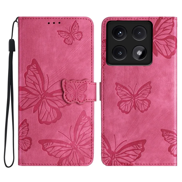 For Xiaomi 14T Case Butterfly Design Flip Wallet Leather Phone Cover Skin-Touch - Rose