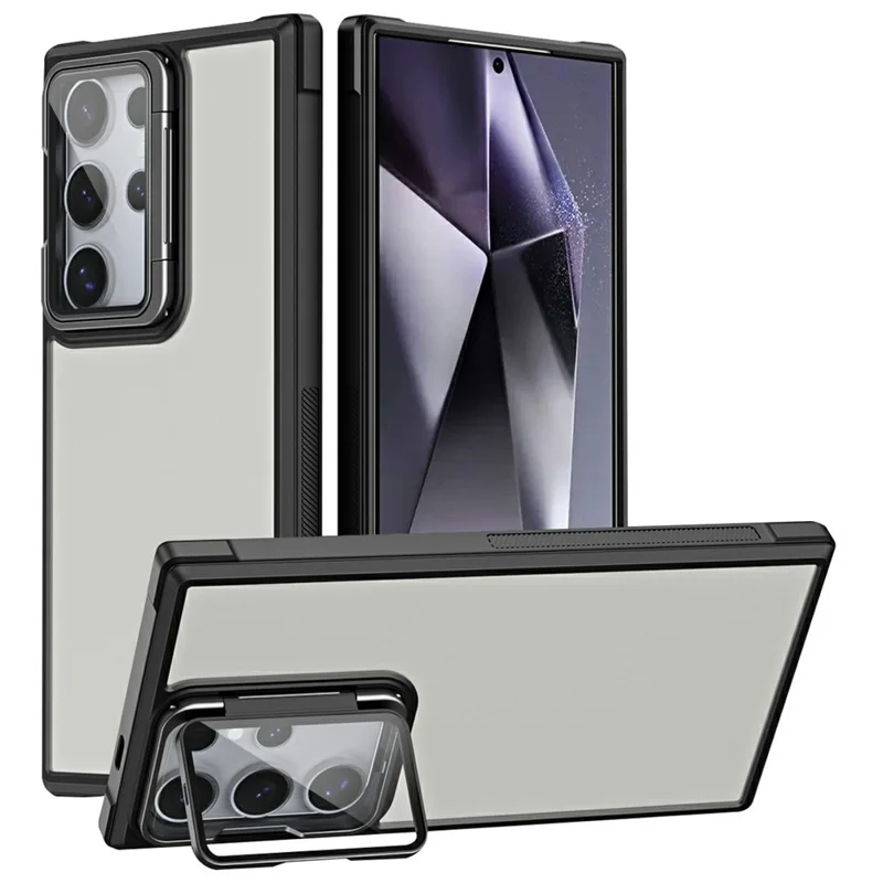 For Samsung Galaxy S25 Ultra Case with Lens Cover Kickstand Skin-Touch PC+TPU Phone Protector - Black
