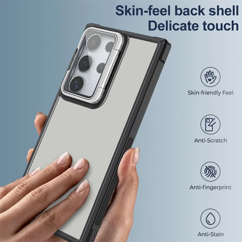 For Samsung Galaxy S25 Ultra Case with Lens Cover Kickstand Skin-Touch PC+TPU Phone Protector - Black