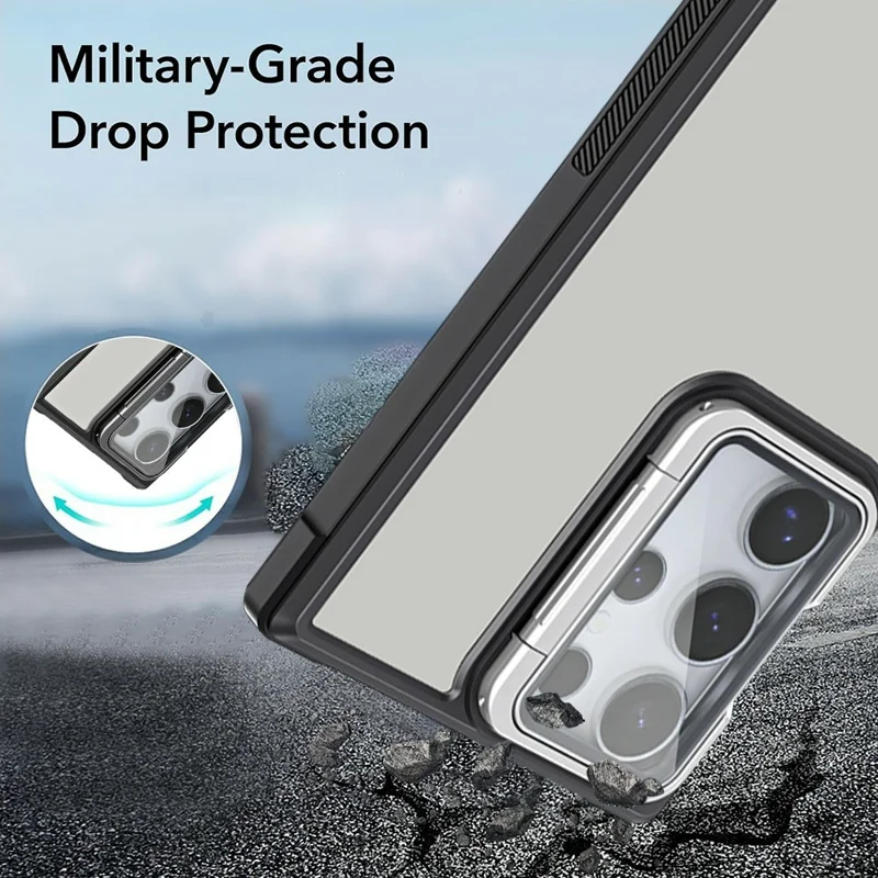 For Samsung Galaxy S25 Ultra Case with Lens Cover Kickstand Skin-Touch PC+TPU Phone Protector - Black