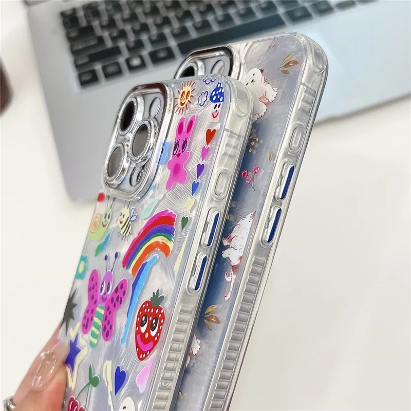 For iPhone 16 Pro Max Case IMD Cartoon PC+TPU Protective Mobile Cover with Glass Lens Film - MK6