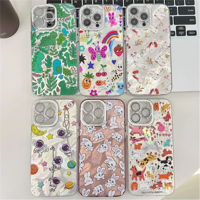 For iPhone 16 Pro Max Case IMD Cartoon PC+TPU Protective Mobile Cover with Glass Lens Film - MK6