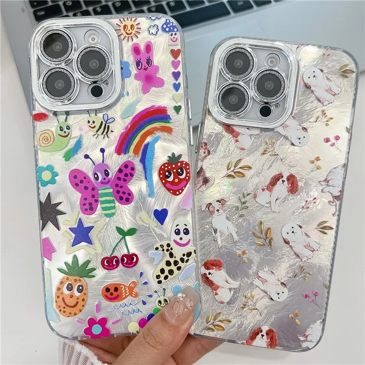 Coque pour iPhone 15 Pro Max IMD Cartoon PC+TPU avec film de protection en verre pour lentille - MK6