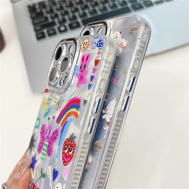 Coque pour iPhone 15 Pro Max IMD Cartoon PC+TPU avec film de protection en verre pour lentille - MK6