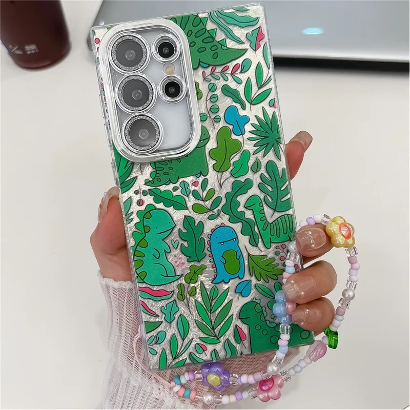 For Samsung Galaxy S24 Ultra Case IMD Cartoon PC+TPU Back Cover with Glass Lens Film, Beaded Strap - MK1