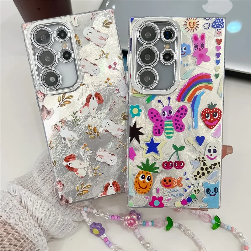 For Samsung Galaxy S24 Ultra Case IMD Cartoon PC+TPU Back Cover with Glass Lens Film, Beaded Strap - MK1