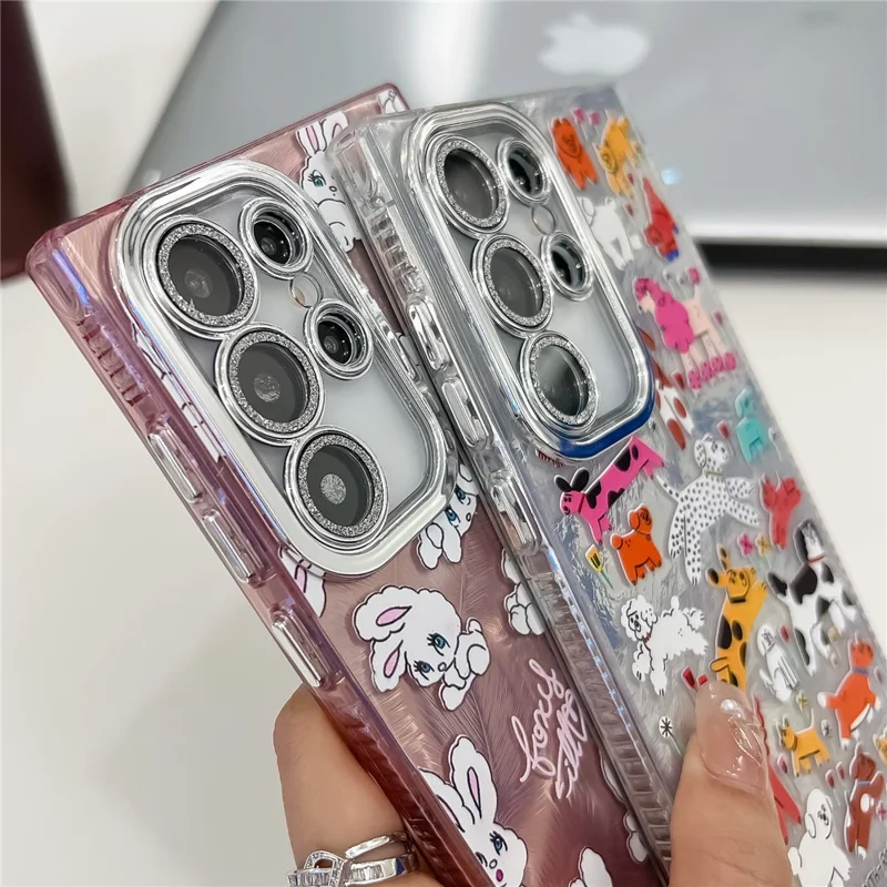 For Samsung Galaxy S24 Ultra Case IMD Cartoon PC+TPU Back Cover with Glass Lens Film, Beaded Strap - MK1