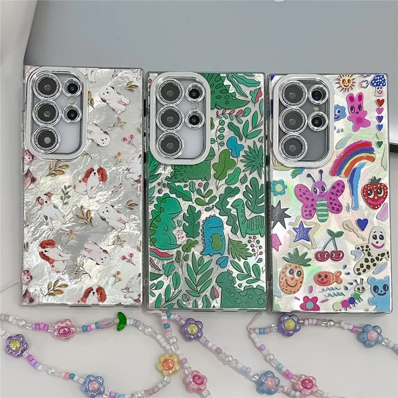 For Samsung Galaxy S24 Ultra Case IMD Cartoon PC+TPU Back Cover with Glass Lens Film, Beaded Strap - MK1