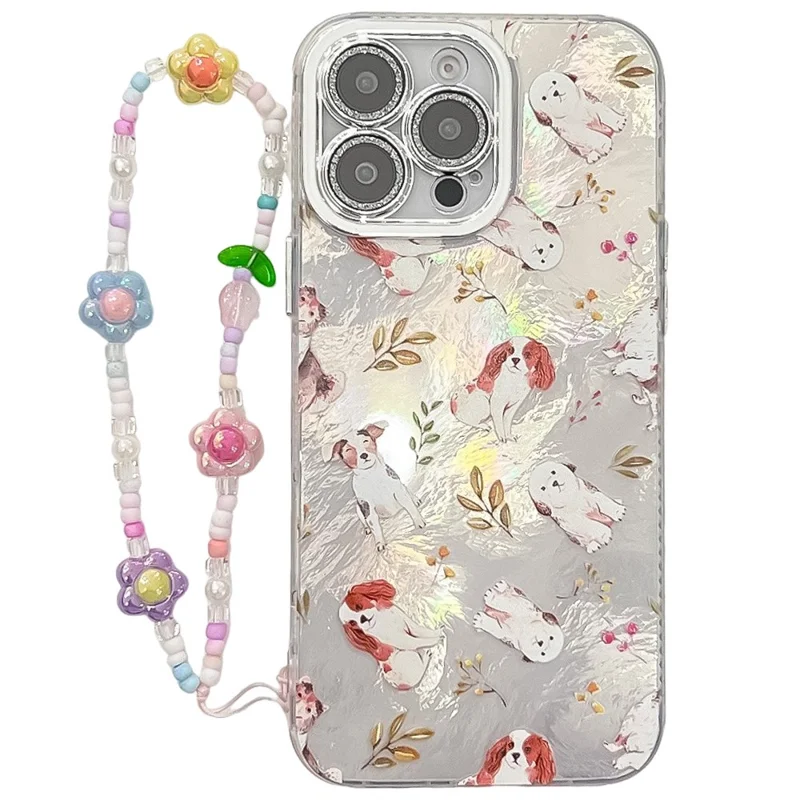 For iPhone 16 Pro Max Case IMD Cartoon PC+TPU Back Cover with Glass Lens Film, Beaded Strap - MK3