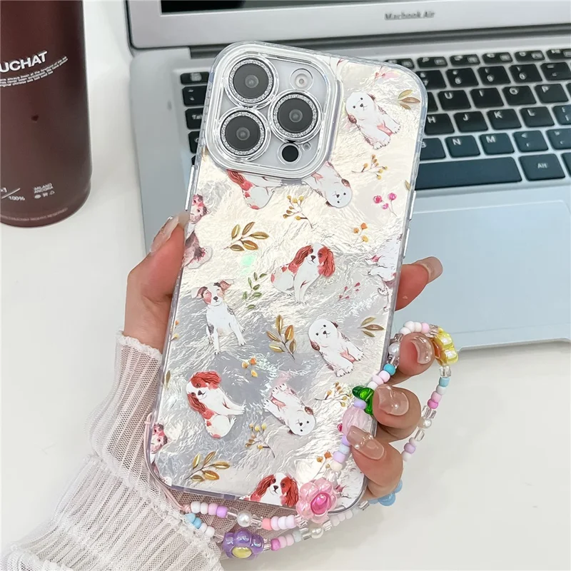 For iPhone 16 Pro Max Case IMD Cartoon PC+TPU Back Cover with Glass Lens Film, Beaded Strap - MK3
