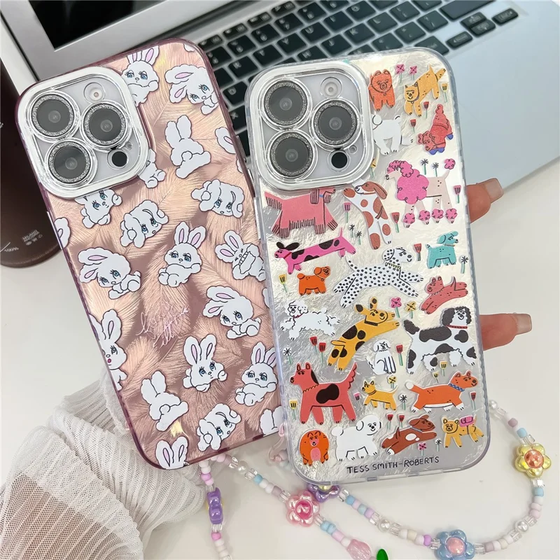 For iPhone 16 Pro Max Case IMD Cartoon PC+TPU Back Cover with Glass Lens Film, Beaded Strap - MK3