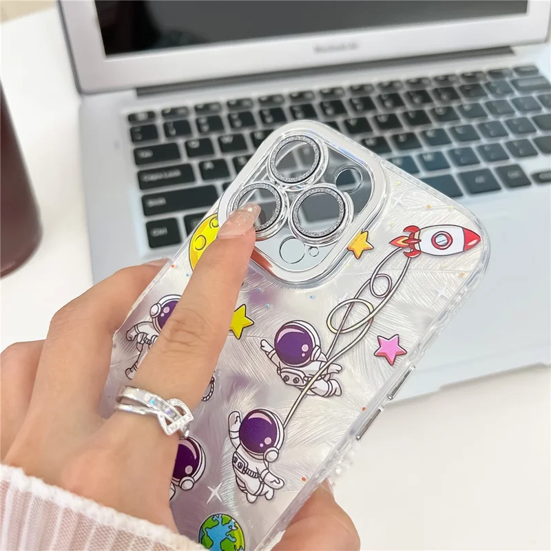 For iPhone 16 Pro Max Case IMD Cartoon PC+TPU Back Cover with Glass Lens Film, Beaded Strap - MK3