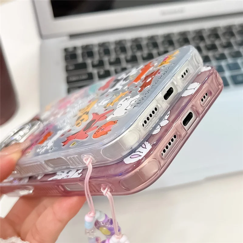 For iPhone 16 Pro Max Case IMD Cartoon PC+TPU Back Cover with Glass Lens Film, Beaded Strap - MK3