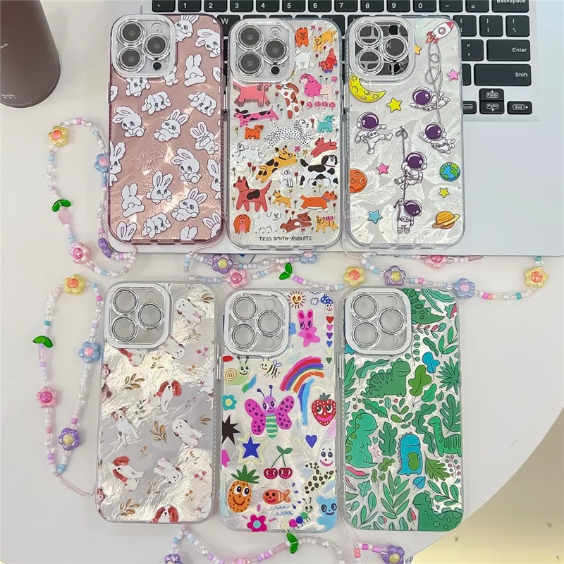 For iPhone 16 Pro Max Case IMD Cartoon PC+TPU Back Cover with Glass Lens Film, Beaded Strap - MK3