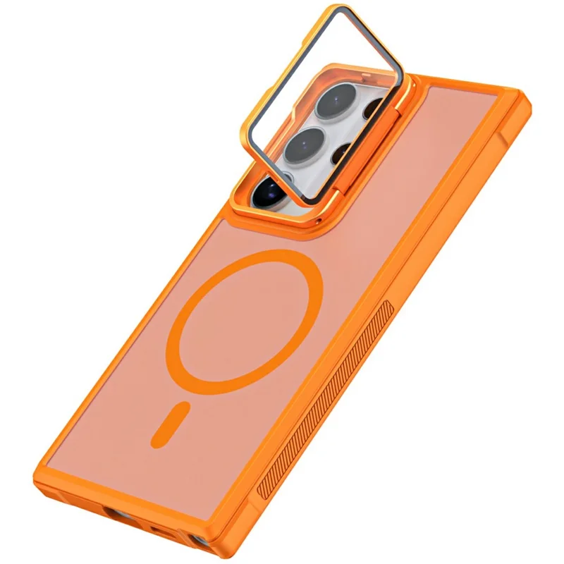 For Samsung Galaxy S25 Ultra Magnetic Case Lens Cover Kickstand Matte Back Cover - Orange