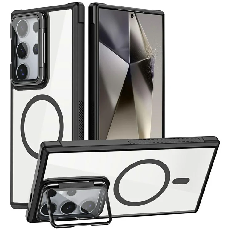For Samsung Galaxy S25 Ultra Phone Case Compatible with MagSafe Clear Back Cover with Lens Cover Kickstand - Black
