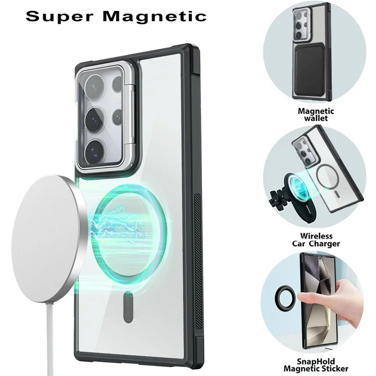 For Samsung Galaxy S25 Ultra Phone Case Compatible with MagSafe Clear Back Cover with Lens Cover Kickstand - Black