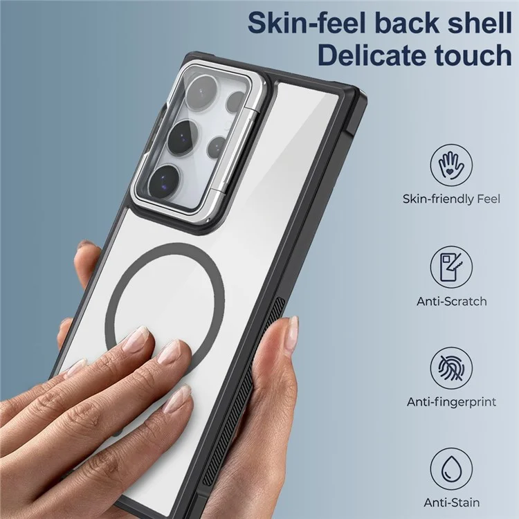 For Samsung Galaxy S25 Ultra Phone Case Compatible with MagSafe Clear Back Cover with Lens Cover Kickstand - Black