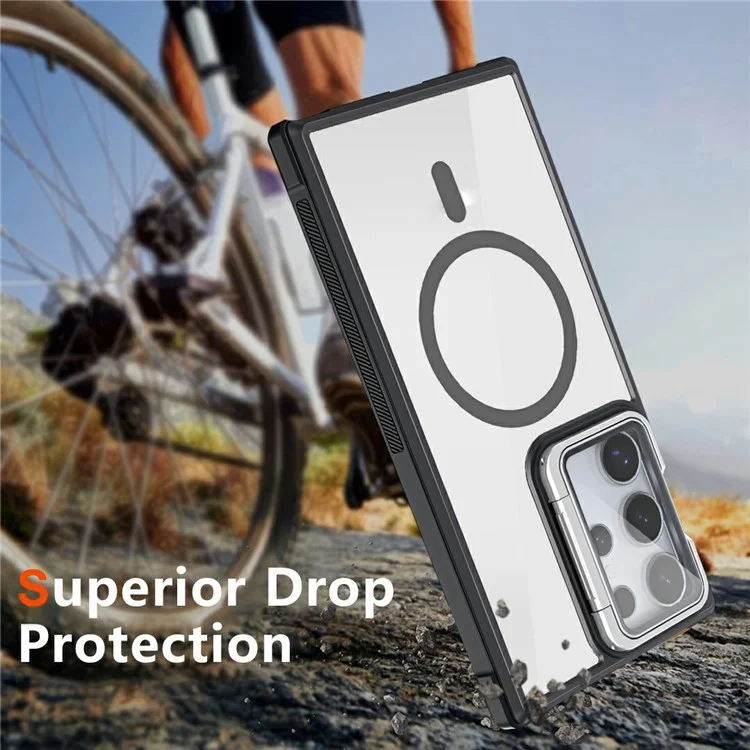 For Samsung Galaxy S25 Ultra Phone Case Compatible with MagSafe Clear Back Cover with Lens Cover Kickstand - Black