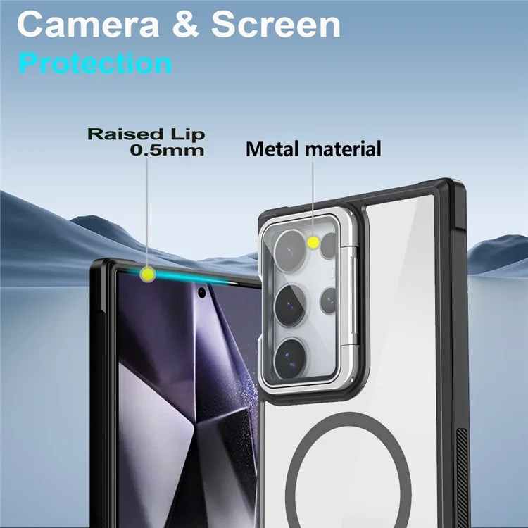 For Samsung Galaxy S25 Ultra Phone Case Compatible with MagSafe Clear Back Cover with Lens Cover Kickstand - Orange