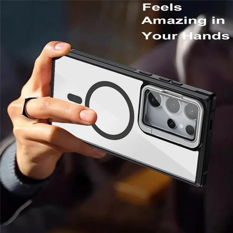 For Samsung Galaxy S25 Ultra Phone Case Compatible with MagSafe Clear Back Cover with Lens Cover Kickstand - Orange