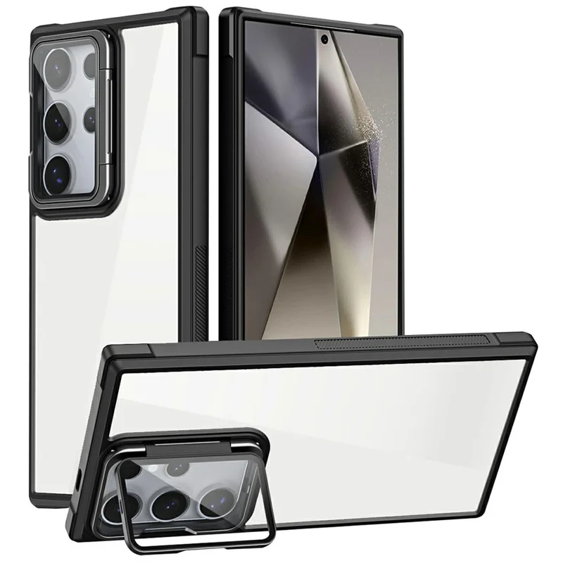 For Samsung Galaxy S25 Ultra Phone Case with Lens Cover Kickstand PC+TPU Clear Back Cover - Black