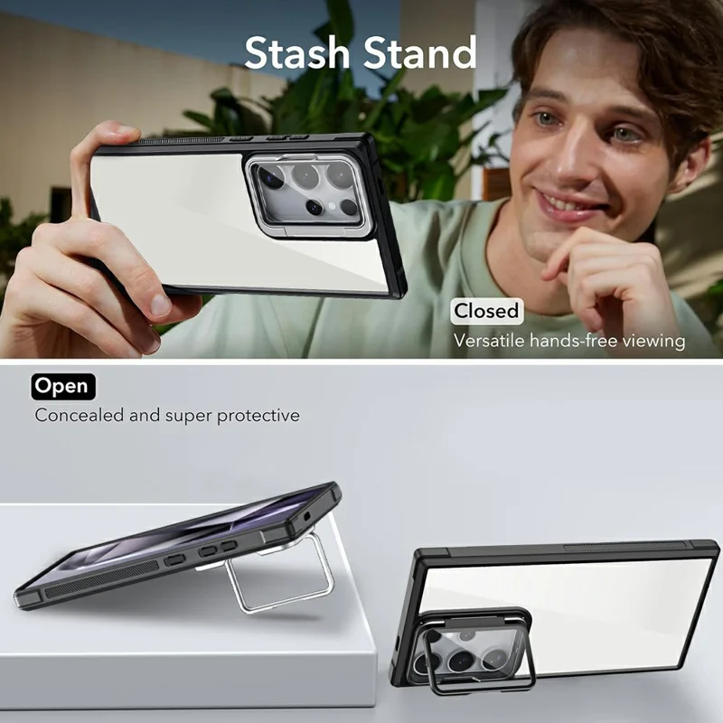 For Samsung Galaxy S25 Ultra Phone Case with Lens Cover Kickstand PC+TPU Clear Back Cover - Black