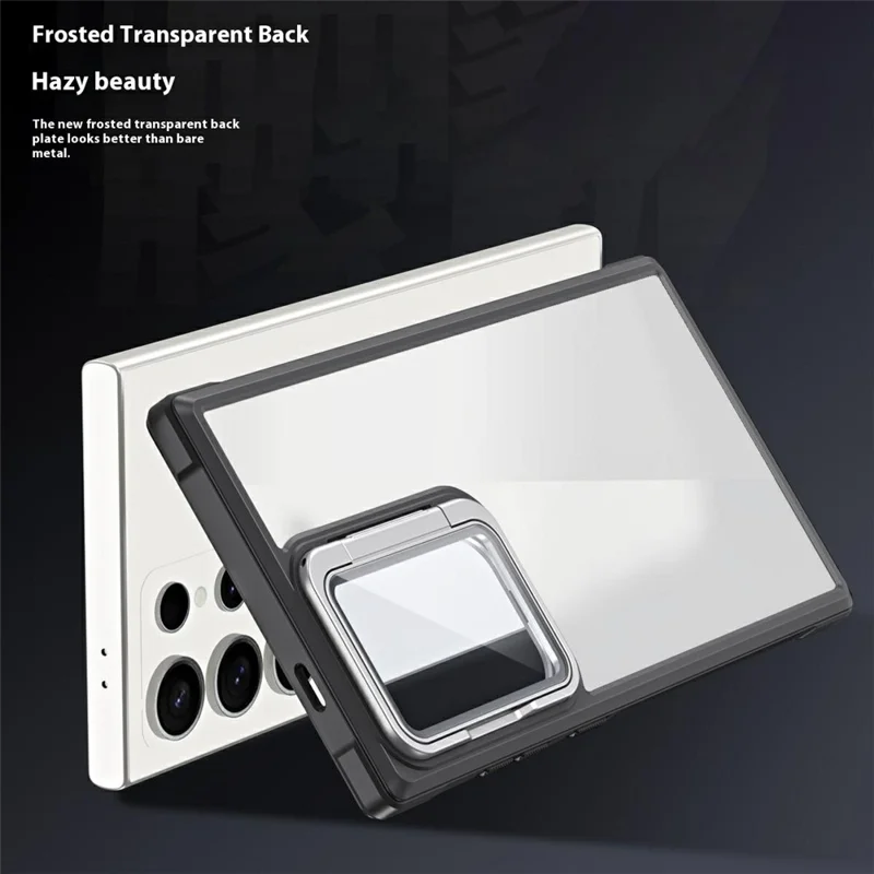 For Samsung Galaxy S25 Ultra Phone Case with Lens Cover Kickstand PC+TPU Clear Back Cover - Black