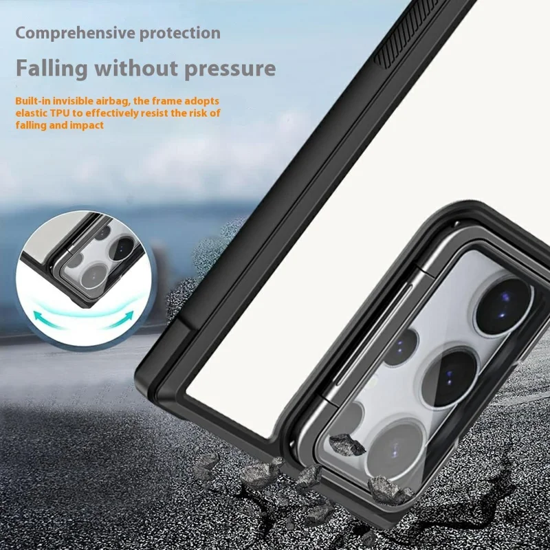 For Samsung Galaxy S25 Ultra Phone Case with Lens Cover Kickstand PC+TPU Clear Back Cover - Black