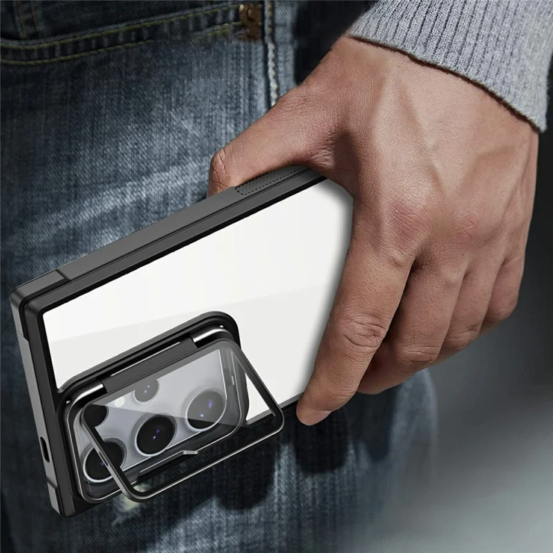 For Samsung Galaxy S25 Ultra Phone Case with Lens Cover Kickstand PC+TPU Clear Back Cover - Black