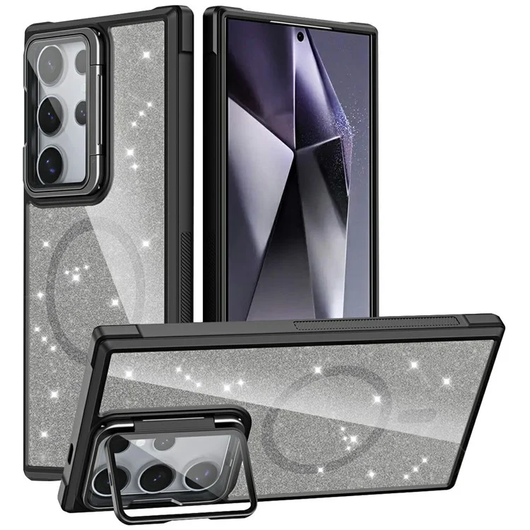 For Samsung Galaxy S25 Ultra Glitter Phone Case Compatible with MagSafe Sparkling Cover with Lens Cover Kickstand - Black