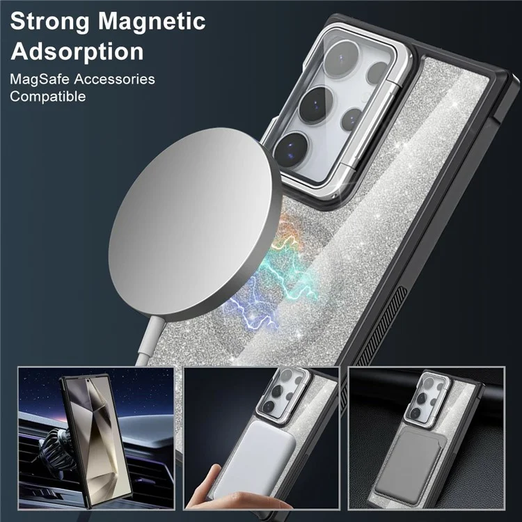 For Samsung Galaxy S25 Ultra Glitter Phone Case Compatible with MagSafe Sparkling Cover with Lens Cover Kickstand - Black
