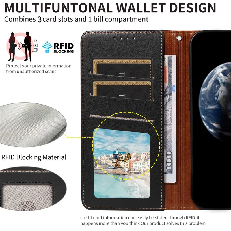 For Samsung Galaxy S24 FE Case RFID Blocking Leather Wallet Flip Phone Cover with Wrist Strap - Black