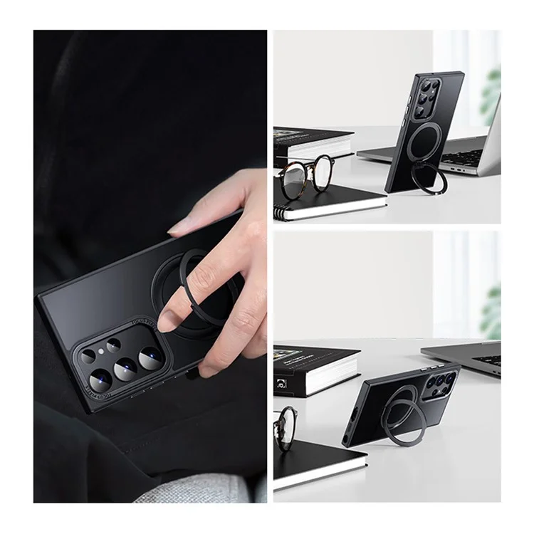 Coque magnétique pour Samsung Galaxy S25 Ultra avec support rotatif, dos transparent - Noir mat