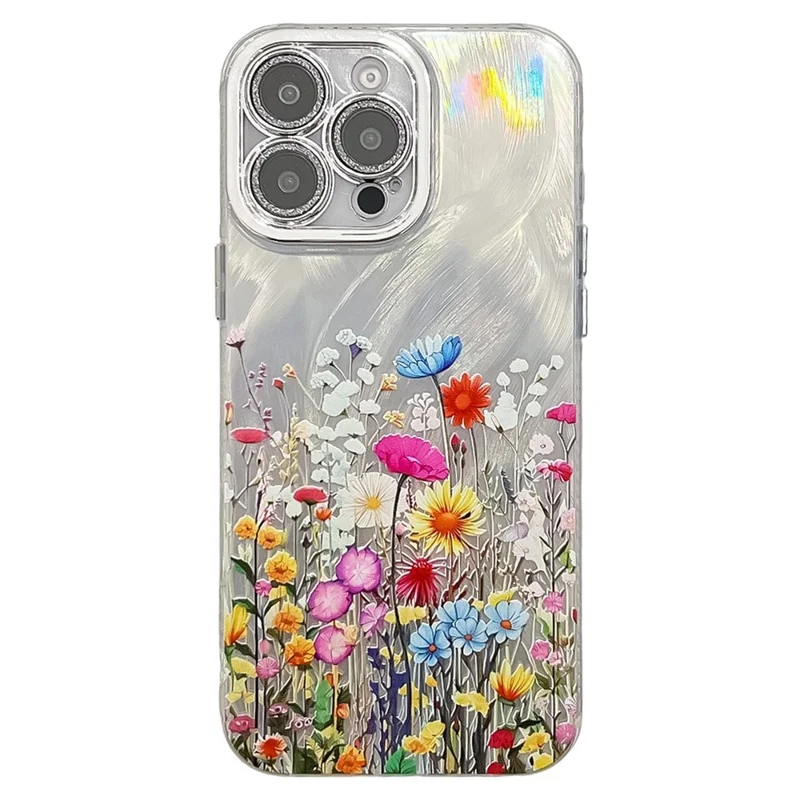 For iPhone 16 Pro Case Electroplated Floral Pattern IMD TPU+PC Phone Back Cover with Glass Lens Film - SH4