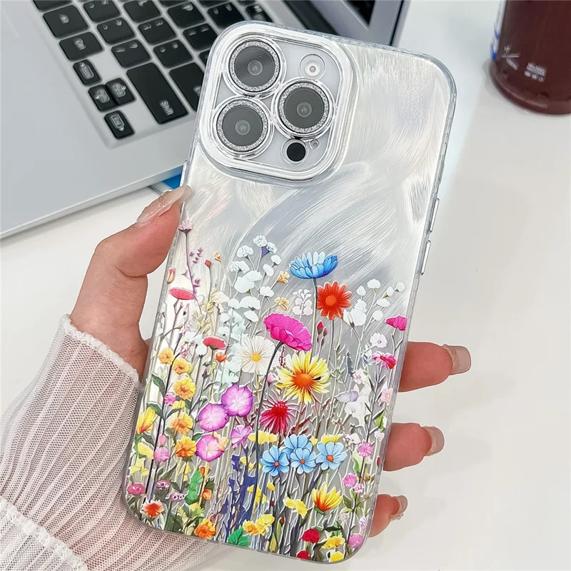 For iPhone 16 Pro Case Electroplated Floral Pattern IMD TPU+PC Phone Back Cover with Glass Lens Film - SH4