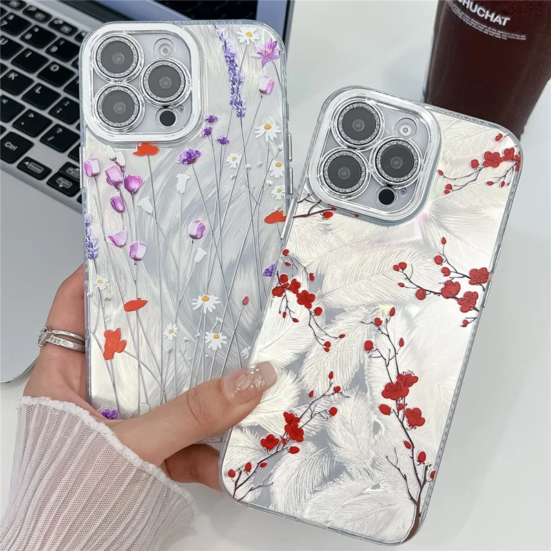 For iPhone 16 Pro Case Electroplated Floral Pattern IMD TPU+PC Phone Back Cover with Glass Lens Film - SH4
