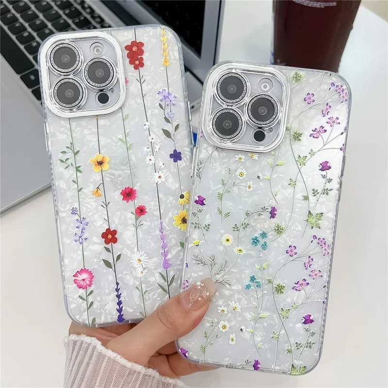 For iPhone 16 Pro Case Electroplated Floral Pattern IMD TPU+PC Phone Back Cover with Glass Lens Film - SH4