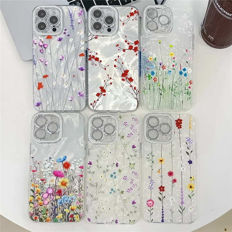 For iPhone 16 Pro Case Electroplated Floral Pattern IMD TPU+PC Phone Back Cover with Glass Lens Film - SH4