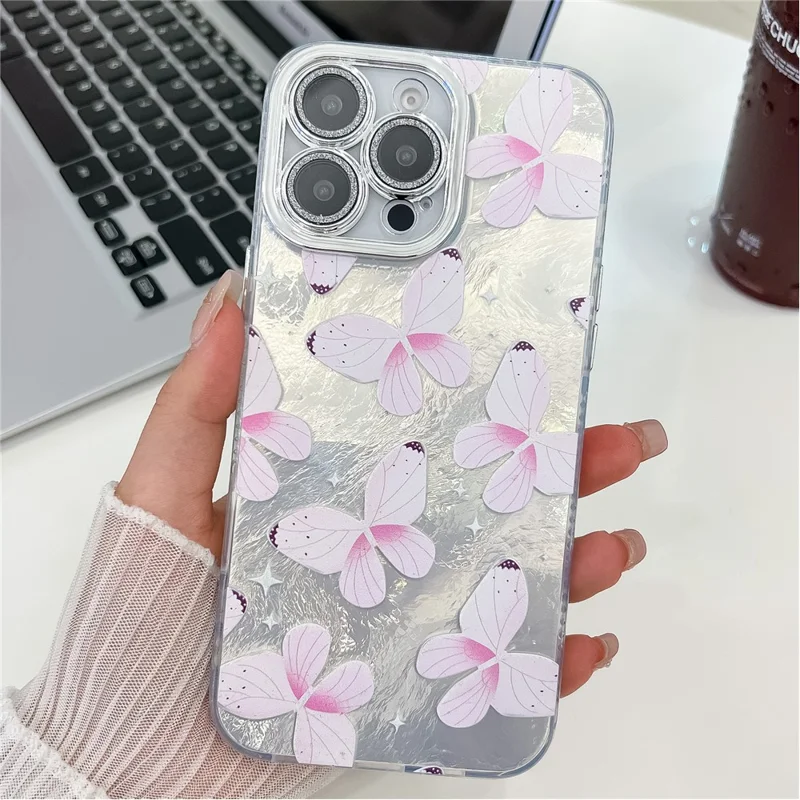 For iPhone 16 Pro Max Case Electroplated Floral Pattern IMD TPU+PC Phone Back Cover with Glass Lens Film - HU5