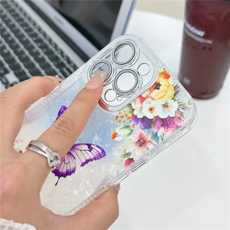 For iPhone 16 Pro Max Case Electroplated Floral Pattern IMD TPU+PC Phone Back Cover with Glass Lens Film - HU5