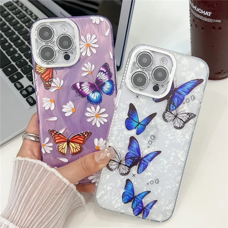 For iPhone 16 Pro Max Case Electroplated Floral Pattern IMD TPU+PC Phone Back Cover with Glass Lens Film - HU5