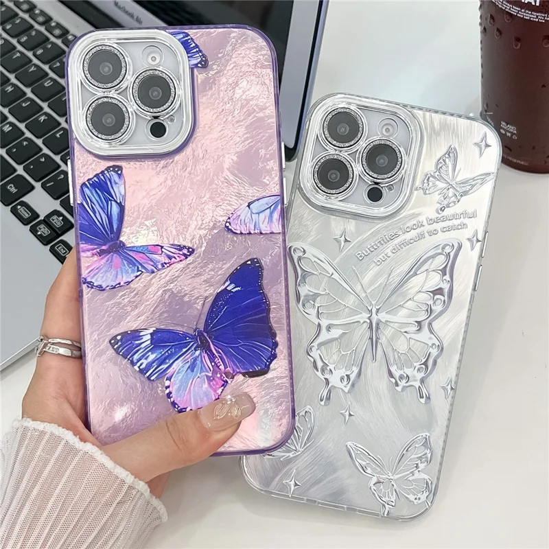 For iPhone 16 Pro Max Case Electroplated Floral Pattern IMD TPU+PC Phone Back Cover with Glass Lens Film - HU5