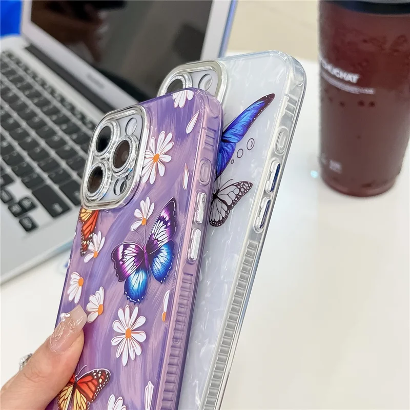 For iPhone 16 Pro Max Case Electroplated Floral Pattern IMD TPU+PC Phone Back Cover with Glass Lens Film - HU5