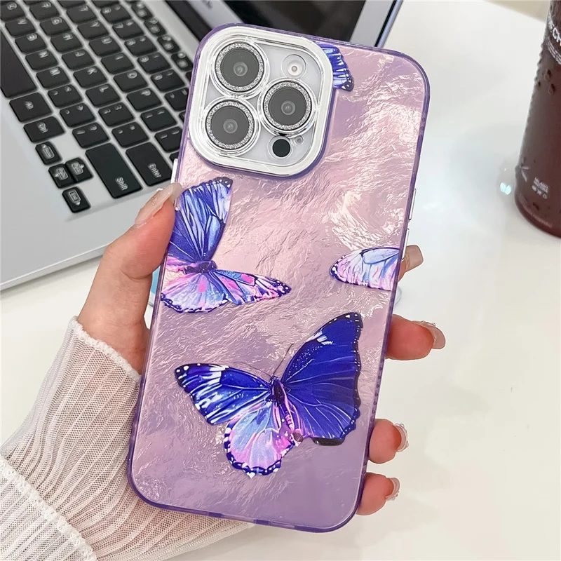 For iPhone 16 Pro Case Electroplated Floral Pattern IMD TPU+PC Phone Back Cover with Glass Lens Film - HU4