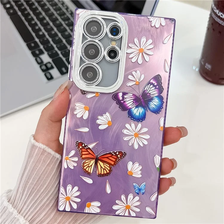 For Samsung Galaxy S24 Ultra Case Electroplated Floral Pattern IMD TPU+PC Phone Back Cover with Glass Lens Film - HU2
