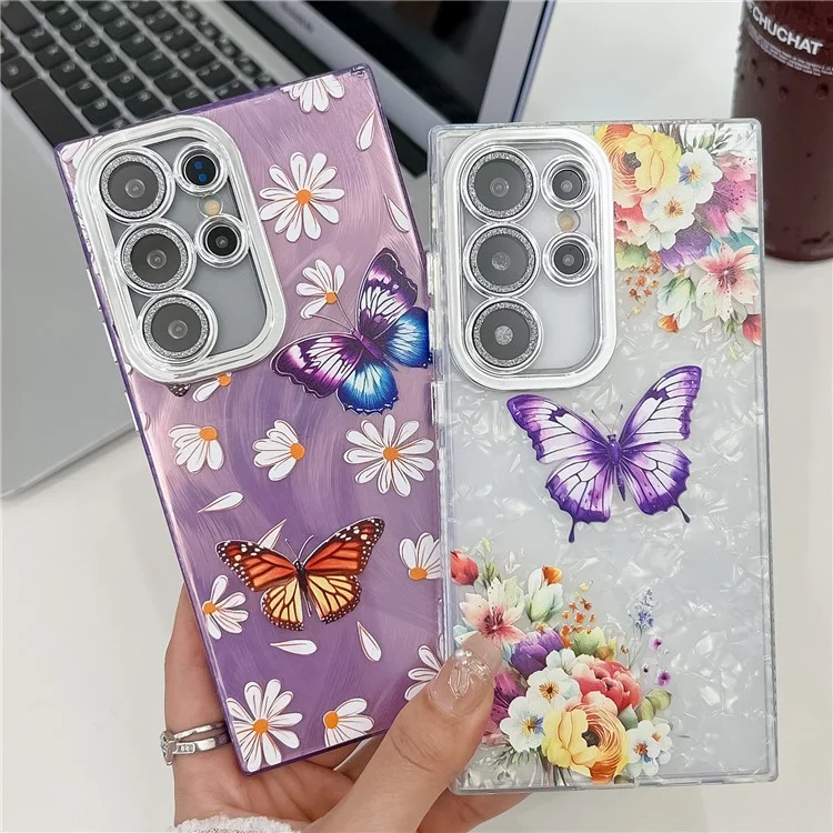 For Samsung Galaxy S24 Ultra Case Electroplated Floral Pattern IMD TPU+PC Phone Back Cover with Glass Lens Film - HU2