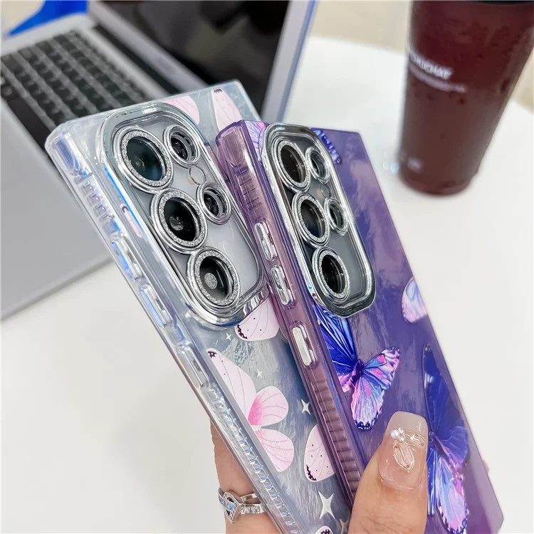 For Samsung Galaxy S24 Ultra Case Electroplated Floral Pattern IMD TPU+PC Phone Back Cover with Glass Lens Film - HU2