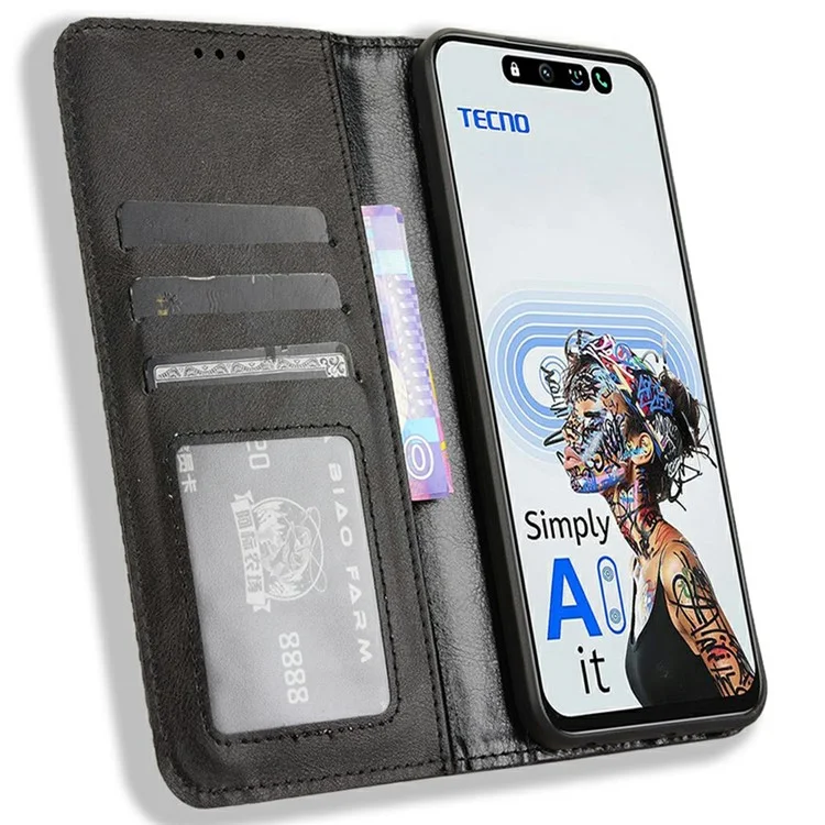 Для TECNO Spark 30 5G KL8 / Pova 6 Neo 5G кожаный чехол-бумажник со стойкой Ретро текстура чехол для телефона - Черный
